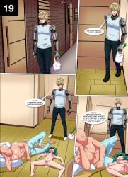 1girls 2boys after_sex after_vaginal bald breasts comic curly_hair dialogue genos green_eyes green_hair muscular muscular_male nipples nude nude_female one-punch_man palcomix saitama small_breasts tatsumaki text