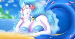 absurd_res anthro aroused ass beach bell big_breasts big_butt blue_eyes blue_hair bodily_fluids breasts collar digital_media_(artwork) female feral generation_7_pokemon hair hi_res huge_breasts looking_at_viewer mammal marine nintendo nipples nude open_mouth pinniped pokemon pokemon_(species) primarina saliva simple_background smile solo summer sun tail text thick_thighs tongue white_body wide_hips zadrex
