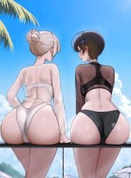 2girls ass ass_focus bare_shoulders barely_visible_genitalia beach big_ass big_breasts bikini black_bikini black_hair black_panties blonde_hair blue_eyes crop_top from_behind glass glass_wall grey_hair gwan-e hair_bun light-skinned_female long_sleeves mature_female milf mother mother_and_daughter older_female one-piece_swimsuit original original_character outdoors palm_tree see-through see-through_clothing shiny_skin sitting sky solo_female sports_bra strapless strapless_bra sweat swimsuit swimwear tagme thick_thighs thong tomboy tree tsukasa_erin tsukasa_karin wet_body white_swimsuit wide_hips younger_female