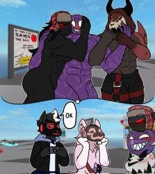 bara blush blush_lines blushing buff buff_male camera el_benon elbenon furry hugging mache_(mache_art) male male_only monster monster_boy muscular muscular_male natural_disaster_survival no_sex protogen purple_venom purplevenom roblox roblox_game symbiote yaoi youtube_hispanic