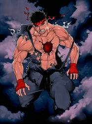 1boy angry bleeding capcom evil_ryu exhausted gasping male_only martial_artist muscular muscular_male red_eyes ripped_clothing ryu_(street_fighter) ryu_hoshi serious_look simple_background solo_male street_fighter tagme unknown_artist wound