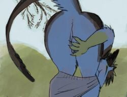 2025 andromorph andromorph_anthro anthro anus arm_tuft avian_feet birdpaw_(artist) black_body black_ears black_feathers blush branch brown_body brown_feathers brown_hair closed_eyes clothed clothing dragon elbow_tuft fangs feathered_dragon feathered_scalie feathers fur furred_dragon furred_scalie fursona_(birdpaw) genitals grass hair hand_on_leg hand_on_own_leg hi_res horn intersex intersex_anthro leaning leaning_forward mostly_nude_andromorph mostly_nude_anthro multicolored_body multicolored_feathers mythological_creature mythological_scalie mythology outside partially_clothed plant portrait rear_view scalie sky smile solo tail tail_tuft teeth three-quarter_portrait trans_(lore) trans_man_(lore) tuft underwear underwear_down vulva yellow_arms yellow_hands