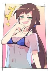 bangs bikini blue_bikini blush breasts brown_hair eyebrows_visible_through_hair female green_eyes hair_scrunchie long_hair looking_at_viewer low_ponytail medium_breasts navel oerba_yun_fang open_mouth ponytail shirt smile solo swimsuit underboob very_long_hair