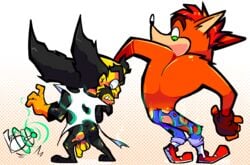 2boys anthro black_hair crash_(series) crash_bandicoot crash_bandicoot_(series) doctor_neo_cortex male male_only naughtybassard neo_cortex orange_fur penis red_hair shocked torn_clothes torquewintress wardrobe_malfunction