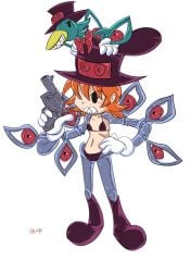 2016 4_fingers 8horns absurd_res alpha_channel ambiguous_anthro ambiguous_gender anthro avery_(skullgirls) avian beak bikini bird black_eyes bow_tie brown_bikini brown_clothing brown_swimwear brown_top_hat camel_toe clothed clothed_ambiguous clothed_anthro clothing cybernetic_arm cybernetic_eye cybernetic_leg cybernetic_limb cybernetics duo eyelashes feathers female female_human fingers flat_chested fully_clothed fully_clothed_ambiguous fully_clothed_anthro galliform gloves green_body green_feathers gun hair hand_on_hip hand_on_own_hip handgun handwear hat headgear headwear hi_res holding_gun holding_handgun holding_object holding_ranged_weapon holding_revolver holding_weapon human larger_female larger_human looking_at_viewer machine mammal navel one_eye_closed orange_hair peacock_(skullgirls) peafowl phasianid pupils ranged_weapon red_bow_tie red_eyes revolver sharp_teeth simple_background size_difference skullgirls smaller_ambiguous smaller_anthro smile standing swimwear tail_eye tan_body tan_ears tan_nose tan_skin teeth toony top_hat transparent_background two-piece_swimsuit weapon white_clothing white_gloves white_handwear yellow_beak