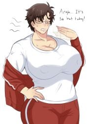 1boy big_breasts breasts busty busty_boy cleavage fanning fanning_self gatocafe12 glasses male male_cleavage male_only male_with_breasts nipple_bulge nipples_visible_through_clothing solo solo_male sweating sweaty