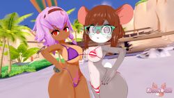 16:9 anthro beach big_breasts bikini breasts brown_body brown_fur brown_hair clothing digital_media_(artwork) duo eris_thanewood female fur grey_body grey_fur hair hi_res humanoid hybrid looking_at_viewer mammal millie_(momochi) momochi_(momokanae) murid murine pose pressing_boobs_together purple_hair rodent short_stack swimwear two-piece_swimsuit vtuber widescreen