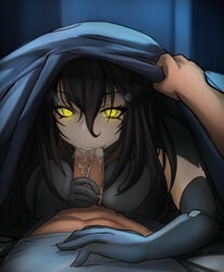 1boy 1girls :>= absurdres bangs black_hair blanket breasts clothed_sex cum cum_in_mouth dandelion_(girls'_frontline) eyebrows_visible_through_hair fellatio female girls'_frontline glowing glowing_eyes handjob highres large_breasts looking_at_viewer nekol oral penis pov pov_crotch pov_hands straight uncensored under_covers yellow_eyes