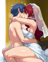 1boy 1boy1girl 1girls ai_generated ambiguous_penetration blue_hair bride digbyai female female kissing kissing makoto_yuki male male/female mitsuru_kirijo persona persona_3 red_hair sex straight tagme wedding_dress wedding_lingerie