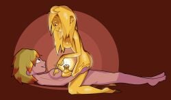 biting_lip biting_own_lip blonde_female blonde_hair candle cowgirl_position female finger_on_nipple girl_on_girl girls_only gold_(metal) hand_on_hip nipples_touching petrification transformation yuri