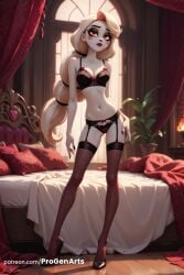 1girls ai_generated artist_name bare_shoulders bed black_bra black_footwear black_panties black_thighhighs blonde_hair bow bra breasts brown_thighhighs charlie_morningstar_(hazbin_hotel) cleavage collarbone colored_sclera full_body garter_belt hazbin_hotel hi_res high_heels indoors lingerie long_hair looking_at_viewer low-tied_long_hair medium_breasts nail_polish navel orange_eyes panties pillow progenarts red_lips red_nails solo standing thighhighs underwear underwear_only window