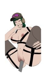 anal breasts censored dildo female garter_belt green_hair hat large_breasts navel nipples nude object_insertion sex sex_toy short_hair solo spread_legs thighhighs vaginal_object_insertion vaginal_penetration