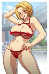 1girls areolae big_breasts blonde_hair blue_eyes blue_mary bob_cut breasts breasts_out exposed_breasts fatal_fury female fingerless_gloves gloves hand_behind_head hand_on_hip hips hourglass_figure jeans king_of_fighters lipstick looking_at_viewer nipples one_hand_behind_head partially_clothed posing red_lipstick sano-br smile snk solo solo_female solo_focus thighs top_lift voluptuous wide_hips