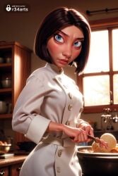 1girls ai_generated black_hair blue_eyes bob_cut breasts brown_hair buttons chef colette_tatou disney double-breasted food hi_res holding indoors kitchen long_sleeves looking_at_viewer parted_lips pixar r34arts ratatouille short_hair solo window