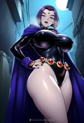 ai_generated alley big_breasts big_thighs black_lips cape dc dc_comics dcau female femdom goth goth_girl gothic hi_res highres looking_at_viewer looking_down looking_down_at_viewer male_pov outdoors rachel_roth raven_(dc) seductive seductive_eyes seductive_look short_hair skimpy skimpy_clothes standing teen_titans teen_titans_go thick thick_ass thick_legs thick_thighs tight_clothing vanillaramen voluptuous voluptuous_female wide_hips