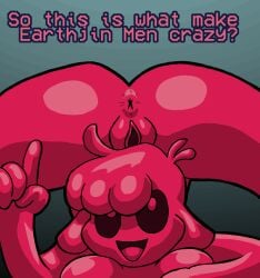 alien alien_girl anus ass asshole bizarre black_sclera breasts dialogue female_only oc pointing pussy red_eyes silmara_soraibojin slime slime_(creature) slime_girl