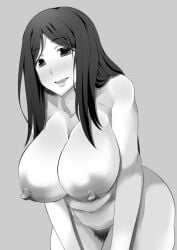areolae blush breasts female grey_background greyscale huge_breasts leaning_forward long_hair looking_at_viewer monochrome navel nipples nude pubic_hair smile solo
