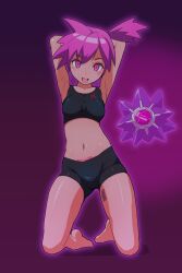 alternate_hair_color arms_above_head aura barcode batta18th crotch_tattoo empty_eyes femsub happy_trance hypnosis kasumi_(pokemon) kneeling midriff mind_control nintendo pink_eyes pink_hair pokemon side_ponytail starmie tattoo team_rocket watermark