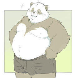 2021 anthro barely_visible_genitalia barely_visible_penis belly black_body black_fur blush closed_eyes clothing fur genitals giant_panda humanoid_hands inunoshippo kemono male mammal moobs nipples overweight overweight_anthro overweight_male penis solo underwear ursid white_body white_fur