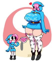 2girls ass_expansion blooberboy blue_hoodie female growth high_tights huge_ass huge_breasts mario_(series) mask pink_hair shy_gal size_difference super_mario_bros. weight_gain wide_hips