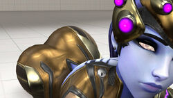 1girls 3d 3d_(artwork) alternate_costume armor ass blizzard_entertainment bubble_butt butt chinese_new_year close-up dat_ass european female female_focus female_only french golden_bodysuit looking_at_viewer overwatch patina_widowmaker petite photoshop ponytail purple_skin redwizard seducing seductive seductive_eyes seductive_look slim suit widowmaker yellow_eyes