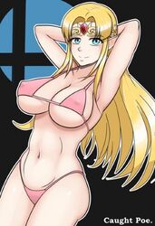 1girls armpits belly_button big_breasts bikini blonde_hair blue_eyes caughtpoe erect_nipples_under_clothes female female_only long_hair looking_at_viewer nintendo princess_zelda smile tagme the_legend_of_zelda yellow_hair zelda_(a_link_between_worlds)