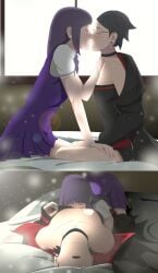 2girls accurate_art_style bedroom black_hair blush boruto:_naruto_next_generations boruto:_two_blue_vortex braided_twintails breasts cleavage closed_eyes clothed clothed_sex cuddling cunnilingus curtains dress female female/female female_only glasses imminent_kiss indoors kakei_sumire kneeling long_hair lying_on_side multiple_girls naruto naruto_(series) no_bra on_bed open_mouth optimystic oral oral_sex panties post-timeskip purple_hair sarada_uchiha shirt short_hair shorts skirt socks tits_out topless twintails very_long_hair window yuri