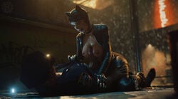 1boy 1girls 3d 3d_(artwork) areolae batman:_arkham_knight batman_(series) big_breasts blender bomyman breasts catwoman dc_comics female large_breasts male nipples paizuri rocksteady_studios selina_kyle straight