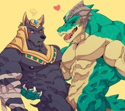 abs angry anthro biceps black_body blush canid canine canis claws closed_eyes crocodilian duo green_body heart hi_res istani jackal league_of_legends male male/male male_only mammal muscular muscular_anthro muscular_male nasus nipples nude pecs purple_eyes renekton reptile riot_games scalie slit smile teeth video_games