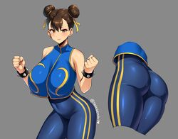 1girls ass big_breasts breasts brown_eyes brown_hair bubble_butt capcom chun-li curvy_figure eye_contact female female_only grey_background large_breasts looking_at_viewer skin_tight sole_gem street_fighter thick_thighs thighs tight_clothing