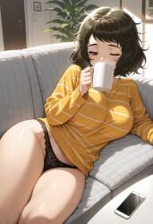 1girls absurdres ai_generated aiya_ayai black_panties brown_eyes brown_hair coffee couch drinking female hi_res highres holding_cup lace_panties large_breasts messy_hair one_eye_closed panties persona persona_5 phone sadayo_kawakami sleepy striped_shirt waking_up yellow_shirt