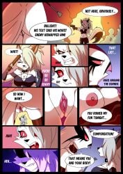 2girls absurd_res age_difference angry anthro big_breasts breasts comic crop_top demon demon_girl dialogue dominatrix duo ears english_text female fingerless_gloves furry genitals goth goth_girl gun height_difference hellaverse hellhound helluva_boss hi_res kato777 long_hair loona_(helluva_boss) milf nipples open_mouth owl owl_demon pussy ranged_weapon short simple_background stella_(helluva_boss) tail text two_tone_body two_tone_fur two_tone_tail vulva weapon wolf wolf_girl