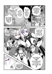 ass_grab barely_clothed breast_grab cleavage collar comic corruption earrings enemy_conversion ichi-gsm in_public kirigaya_suguha large_breasts latex laughing_coffin long_ears long_hair monochrome ntr piercing puddinpan purple_eyes red_eyes seductive_eyes sword_art_online tattoo text thick_thighs tongue_out yuuki_asuna