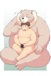 2021 anthro balls belly duo flaccid gaming genitals hi_res human humanoid_genitalia humanoid_penis kemono kiyo male mammal moobs nipples overweight overweight_male penis plantigrade playing_videogame pubes sitting ursid