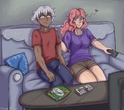 bedroom_eyes big_ass big_thighs blush commission dark-skinned_male digital_media_(artwork) duo erect_penis erection erection_under_clothes female hi_res interracial light-skinned_female male medium_breasts medium_hair megumipan616 muscular muscular_male nervous oc original original_character original_characters paris_furuguchi penis pink_hair ponytail purple_eyes short_hair smile sofa sweat white_hair wide_hips