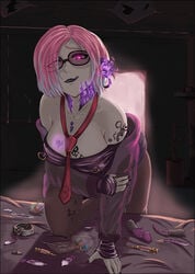 1girls big_breasts bimbo bimbofication body_writing cleavage corruption fate/grand_order fate_(series) female glowing_eyes grey_skin licking_lips mash_kyrielight nipple_bulge parasite piercing pink_hair puddinpan seductive seductive_look seductive_smile short_hair tattoo thick_thighs tie undressing used_condom