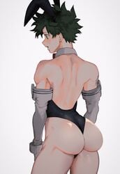 1boy ass ass_focus bare_shoulders big_ass black_leotard bunny_ears crossdressing dat_ass ear femboy freckles gloves goodbye_glory green_eyes green_hair izuku_midoriya leotard looking_forward male male_focus male_only my_hero_academia short_hair simple_background solo solo_focus solo_male thighs trap white_background white_gloves