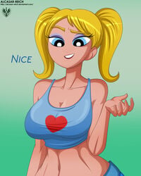 1girls aged_up alcasar-reich big_breasts blonde_hair blue_eyes breasts bubbles_(powerpuff_girls) cartoon_network eyeshadow lipstick makeup powerpuff_girls teenager toonami