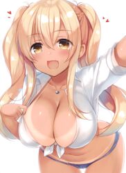 1girls :3 absurdres big_breasts bikini_tan blonde_hair blush braid breasts brown_eyes cleavage clothing collarbone cute female female_only front-tie_top gyaru hair_between_eyes heart highres jewelry large_breasts leaning_forward long_hair looking_at_viewer mole navel necklace oerba_yun_fang open_mouth sazaki_ichiri scan self_shot short_shorts shorts simple_background smile solo solo_female sunohara_nana sunoharasou_no_kanrinin-san tan tanline twintails white_background