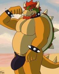 1boy 4:5 absurd_res anthro beach beard bowser bulge clothed clothing clothing_pull daddy dilf facial_hair flexing furry furry_male furry_only fwankie genitals grin grinning_at_viewer hi_res horns koopa looking_at_viewer male male_only mario_(series) muscles muscular muscular_anthro muscular_male nintendo partially_clothed penis red_hair reptile scalie smile smiling_at_viewer solo solo_focus solo_male spiked_shell spikes standing tail teasing teasing_viewer underwear