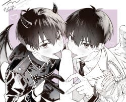 angel angel_wings blowjob blue_lock clone devil devil_horns devil_tail gay gay_male isagi_yoichi tongue tongue_out tongue_out_blowjob twink