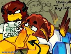 2boys artist_name bird_tail blocky_body bottomless_male brown_hair demon_horns demon_tail forsaken_(roblox) fully_clothed_male gay licking_penis male male/male male_only penis precum_bubble roblox roblox_game robloxian self_upload selfcest shedletsky_(forsaken) square_crossover sukyung5559 text watermark wings_on_head yellow_skin yksteldehs_(forsaken)