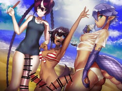 3futas bandage_on_nose beach bikini_top blue_eyes brown_hair canine_penis censored dog_girl dog_tail dragon_girl elf_ears equine_penis futa_focus futanari green_eyes horse_ears horse_girl humanoid_penis ice_cream large_penis lizard_tail looking_at_viewer monster_girl one-piece_swimsuit panties_aside pointy_ears purple_hair purple_scales rao-ji small_breasts tail taosym violet_eyes wet_shirt wet_skin