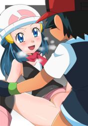 1boy baseball_cap black_hair black_legwear blue_eyes blue_hair dawn_(pokemon) hainchu hair_ornament hat highres implied_sex kneehighs long_hair pokemon satoshi_(pokemon) scarf sex sidelocks