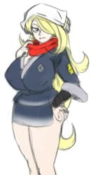 akari_(pokemon) akari_(pokemon)_(cosplay) blonde_hair blue_dress cynthia_(pokemon) female_protagonist game_freak huge_ass huge_breasts japanese_clothes kimono pokemon pokemon_(game) pokemon_champion pokemon_dppt pokemon_legends:_arceus red_scarf