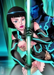 1boy 1girls black_hair blowjob blowjob_face blue_eyes cartoonreality.com female male quorra sam_flynn torn_clothes torn_clothing torn_pants torn_suit tron tron_legacy tron_uprising