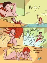 beach big_breasts bikini caiman2 cleavage comic commission giantess marvel mary_jane_watson panels panties peter_parker red_hair seaside smaller_male tagme thick thick_thighs