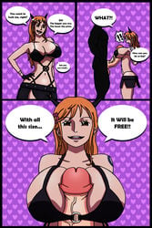 1boy 1girls between_breasts big_ass big_breasts big_penis bikini bra comic dialogue faceless_male female holymonster huge_breasts male nami one_piece paizuri silhouette skirt surprised thick_thighs