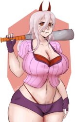 +_+ alternate_breast_size baseball_bat bra bra_cups_sticking_out chainsaw_man cleavage female female_only g-string huge_breasts igdel pinup power_(chainsaw_man) pubic_hair short_shorts thick_thighs wide_hips