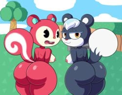 animal_crossing anthro ass ass background black_body black_fur breasts duo embarrassed female female_only furry hair looking_back mammal mintyspirit nintendo nipples only_female poppy_(animal_crossing) red_body red_fur rodent smile squirrel tasha_(animal_crossing) video_games white_hair